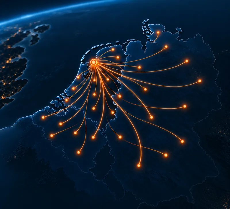 Map of the Netherlands, Belgium and Germany with the network of ZONklaar collection points from Sneek